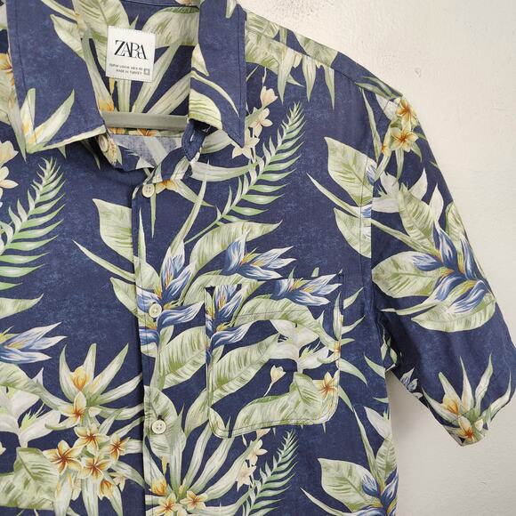 Zara Button Up Shirt Mens Medium Blue Floral Tropical Hawaiian Cotton Beach - Picture 2 of 8